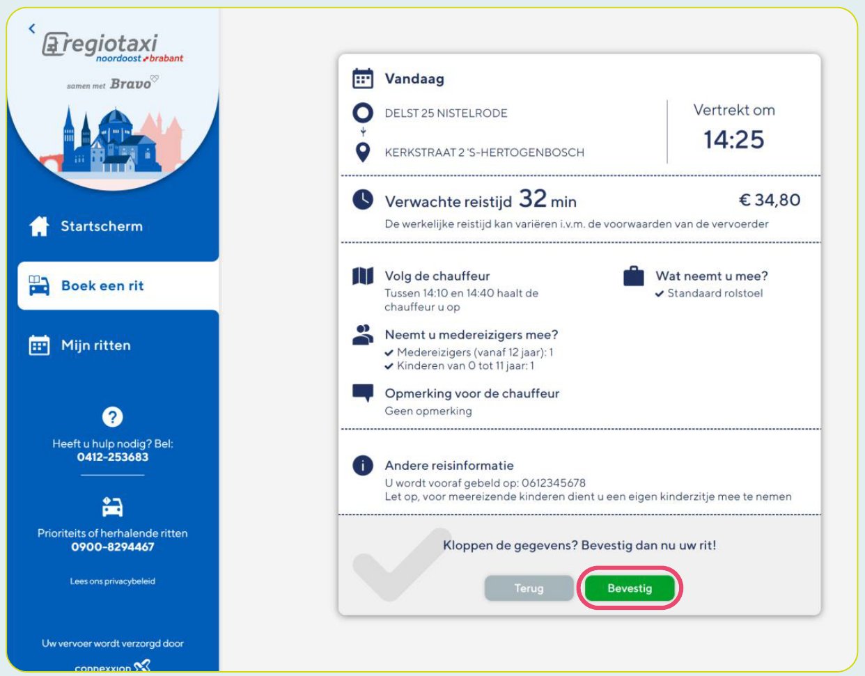 Bevestigingsoverzicht met vertrektijd, verwachte reistijd en prijs. De knop Bevestig onderaan is omcirkeld