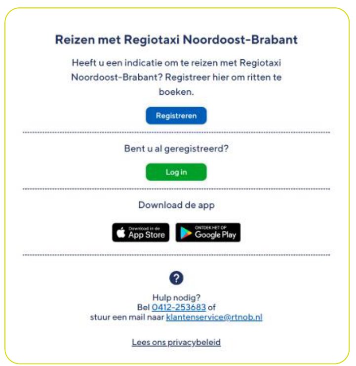 Startscherm van de Regiotaxi-app met de knoppen Registreren en Log in