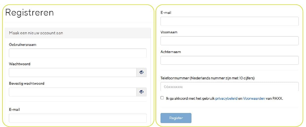 Registratieformulier met velden voor gebruikersnaam, wachtwoord, e-mailadres, voornaam, achternaam en telefoonnummer, en de knop Registreer